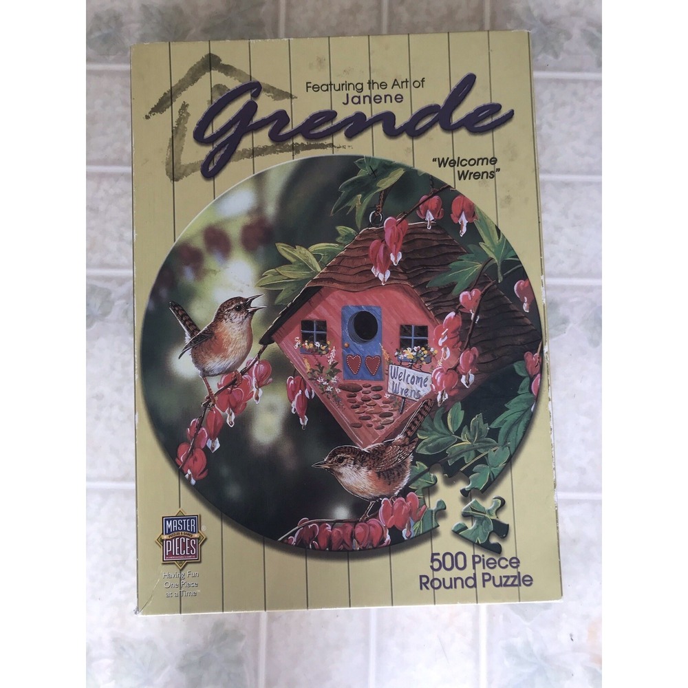 Welcome Wrens Red Bird House Round Jigsaw Puzzle 19.5 inch 500 pc Janene Grende